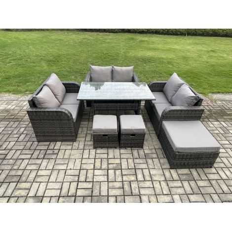Fimous 9 Seater Outdoor Rattan Garden Furniture Set with Patio Rectangular Dining Table Love Sofa 3 Footstools Dark Grey Mixed (1/5)