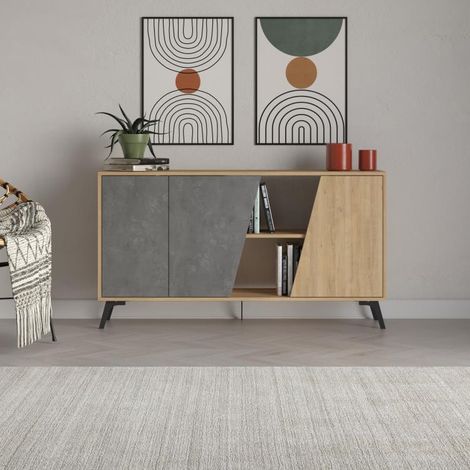 Madia Moderna Credenza Fiona 150x36x82 cm Design Anta Obliqua Grigio Retrò e Zaffiro di Quercia (1/4)