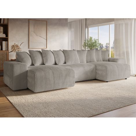 Deco In Paris – Canapé panoramique convertible réversible avec coffre en velours côtelé épais taupe – 6 places – Design contemporain et confortable