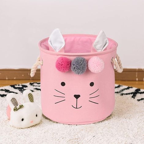 Panier de rangement pliable en tissu, petite boîte ronde avec fermeture à cordon et poignée, rose, pour vêtements et jouets. (1/4)