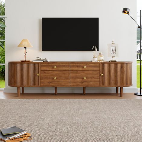 Meuble TV 180 cm Noyer avec Portes Coulissantes 3D et 4 Tiroirs - Meuble Télé, Meuble TV Moderne et Élégant pour Salon (1/5)
