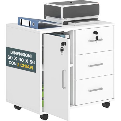 Cassettiera Mobile Ufficio Porta Stampante Salvaspazio 60x40x56 cm con Ruote Rivestimento in Melamina Bianco (1/4)