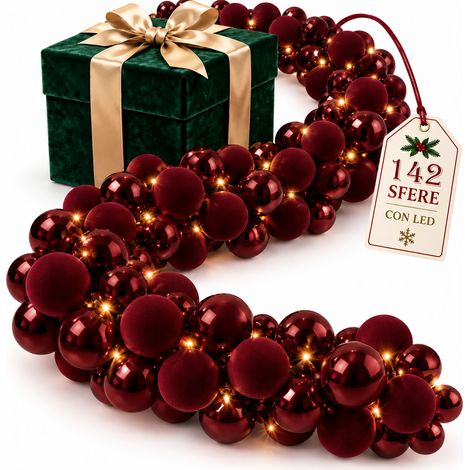 Ghirlanda Natalizia Festone 180cm 142 Palle e Led Sfere Lucido e Velluto Bordeaux (1/5)