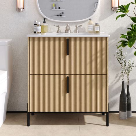 Lavabo da bagno 30 pollici con lavabo in ceramica e cassetti a estrazione totale, binari sottopiano con chiusura ammortizzata, design scanalato, colore naturale/legno naturale (1/5)