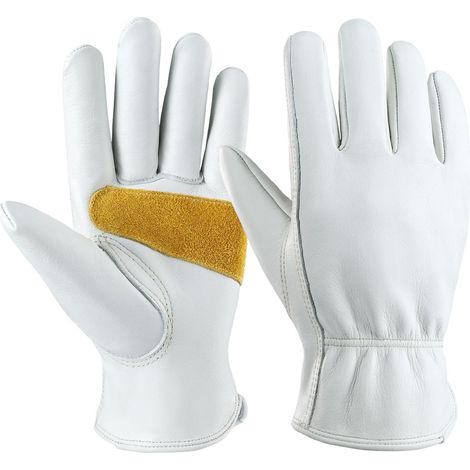 Gants de Travail en Cuir de Vachette - Résistants à la Perforation - Taille L - Pour Travail et Jardinage - Blanc (1/5)