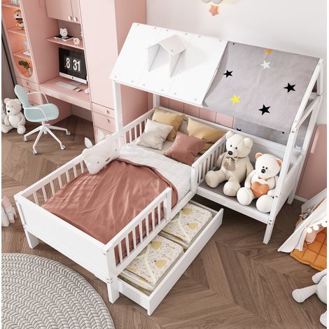 Hausbett 90/200 cm weiß aus Massivholz mit Schubladen (1/5)