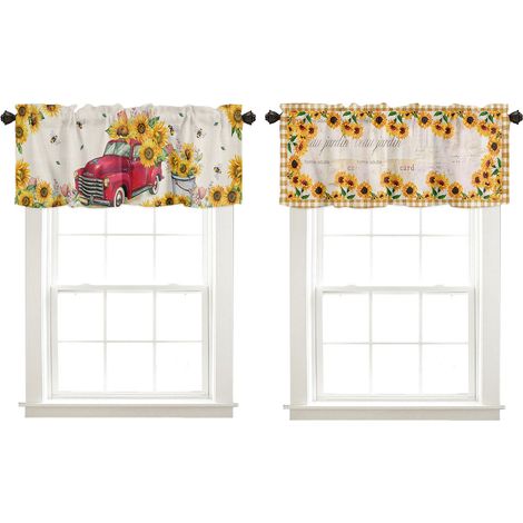 Kurzer Vorhang mit Sonnenblumenmuster, Modell 18, 137 x 45 cm (Einzelpaneel), Verpackung 40 x 30 x 2 cm, 170 g, Polyamid-Leinen-Gewebe (1/4)