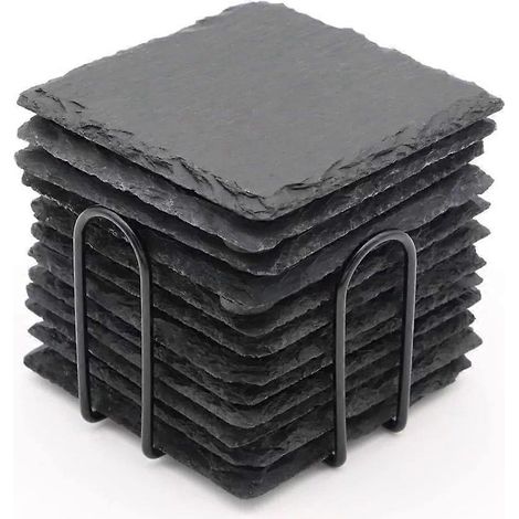 Lot de 12 sous-verres en ardoise carrée de 10 cm (4 pouces) en pierre d'ardoise noire, faits main, avec étagères. (1/5)