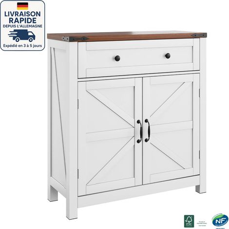 Mueble de almacenaje - Aparador - Encimera efecto nogal - Escandinavo - Dos puertas + un cajón - 76 x 30 x 83 cm - Blanco (1/5)
