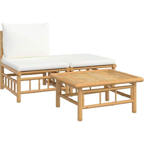 Set Salotto da Giardino 3 pz con Cuscini Bianco Crema in Bambù (1/5)