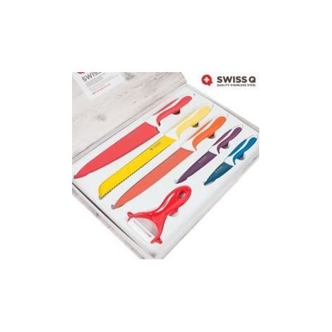 Couteaux de cuisine - Swiss Q - Set de 6 pièces - Acier inox - Revêtement céramique - Design élégant