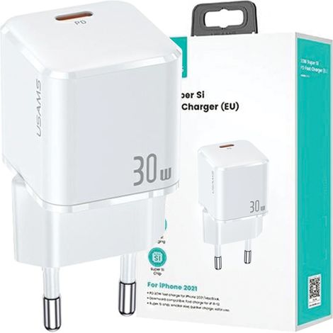 Usams Ladegerät 1xUSB-C T45 mini 30W (nur Stecker) PD3.0 Schnellladung weiß CC148TC02 (US-CC148) (1/5)