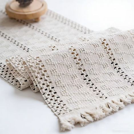 Table Runner - Macrame - 12 x 71 Pouces - Coton Lin Polyester - Style Boho Rustique - Pour Table À Manger Cuisine Salon - 1 Pièce (1/5)