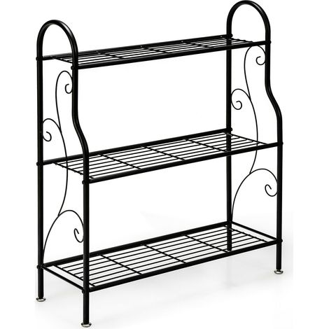 Étagère à plantes noire en métal à 3 niveaux avec motif volutes et pieds réglables pour balcon jardin et terrasse (1/5)