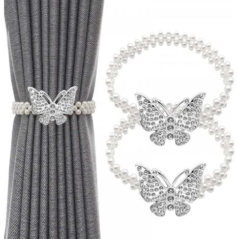 Lot de 2 Attache Rideau en Réglables avec Fil à Ressort, Attaches Rideaux avec Butterfly et Perles, Pas de Forage(Argent) (1/5)