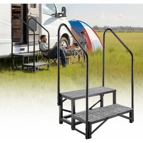 Escalera para Autocaravana de 2 Peldaños Carga de 299,38 kg, Escalera con Pasamanos Doble con Alfombrilla Antideslizante, para Personas Mayores y Mascotas, Portátil para Jacuzzi, Caravana (1/5)