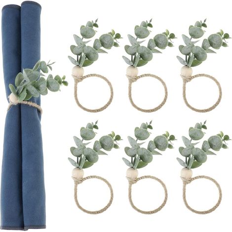 Set of 6 Christmas Napkin Rings with Green Leaves and Eucalyptus Wood Beads, Rustic Eucalyptus Wood Napkin Rings, for Wedding, Christmas Party, Thanksgiving (1/5)