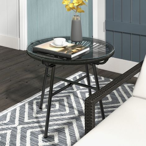 Tavolino da giardino stile boho in PE rattan con piano in vetro temperato, resistente alle intemperie, dimensioni 50x50x50 cm, colore nero (1/5)