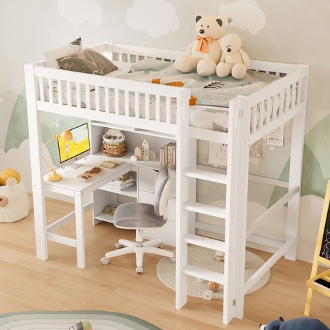 Lit mezzanine 90x200 cm - Rangements multiples - Avec échelle + bureau - 3 tiroirs - Blanc (matelas non inclus) (1/4)