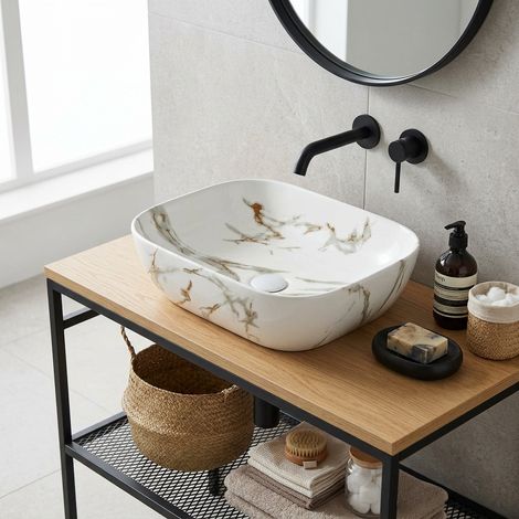 Infinitio Lavabo sobre encimera 45,5 x 32,5 cm en cerámica mármol blanco dorado sin rebosadero (SATINF4532MR)