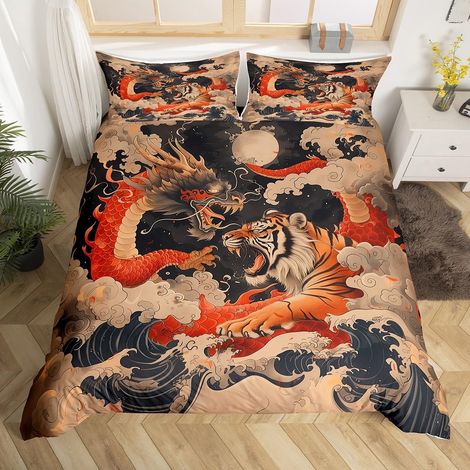 Parure de lit Tigre et Dragon 135 x 200 cm, housse de couette pour enfants, garçons et filles, style japonais vintage, imprimé animal sauvage, housse de couette sans couette (1/5)