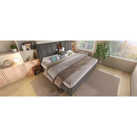 Cama 160x200 de lino gris con almacenaje y USB, para dormitorio, sin colchón – MEUBLIV (1/5)