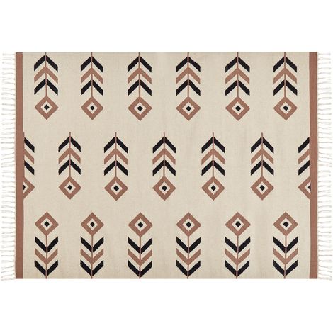 Alfombra kilim de algodón beige negro 140 x 200 cm reversible dormitorio Niavan