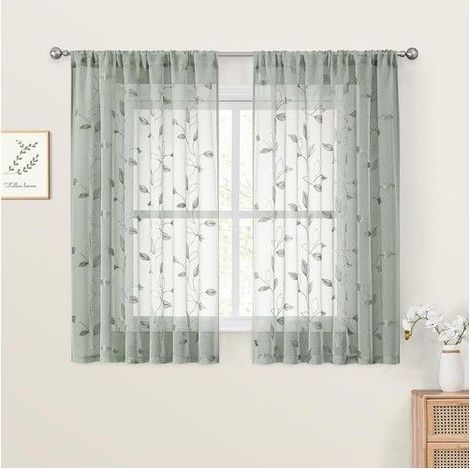 Voilages courts brodés - HOMEIDEAS - Vert sauge - 132 x 137 cm - 2 panneaux - Motif feuilles brodées - Polyester 100% (1/5)