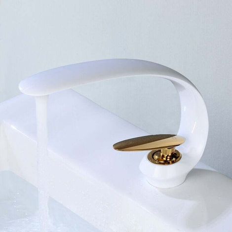 Bathroom Sink Faucets Brass-White Gold Sink Mixer Tap Single Hole Vanity Crane Lavatory Art Sink Faucet (1/5)