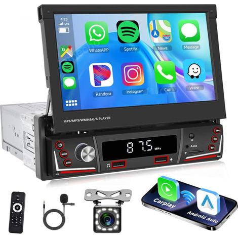 AM FM Autoradio 1 Din Wireless Carplay Écran Retractable Tactile 7 Pouce, Bluetooth Poste Radio Voiture avec Caméra de Recul, Port USB/SD/AUX-in, Soutien Wireless Android Auto, SWC, EQ (1/5)