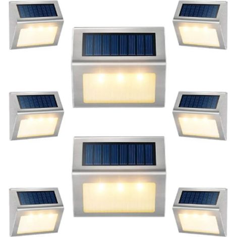 8 Stück 3-LED-Solarleuchten, Wandleuchten, Zaunleuchten, Außentreppenleuchten, Balkonleuchten, Edelstahl-Gartenleuchten