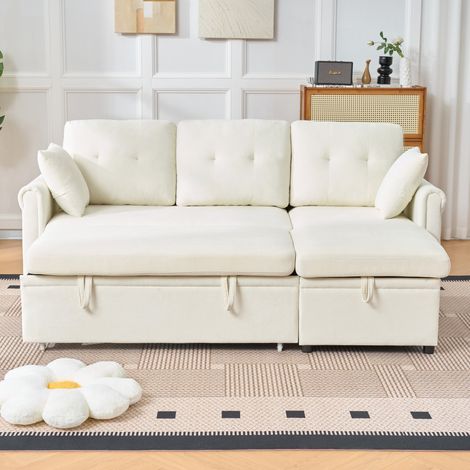 Divano angolare convertibile in ciniglia con contenitore, chaise longue reversibile, beige DESVIAE (1/5)