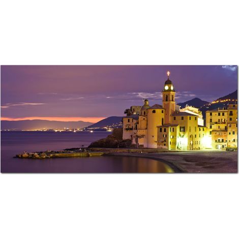 Lupia - Quadro moderno su Tela Canvas DEEP 65X143 cm, con paesaggi e localismi italiani, per casa, soggiorno, capezzale camera da letto, hotel, ufficio, GENOVA - BASILICA NOTTE (1/4)