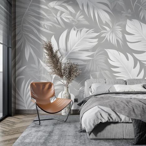 Papier Peint Feuillage - Palmes Douces en Ton Gris - 150 x 250 cm (1/2)