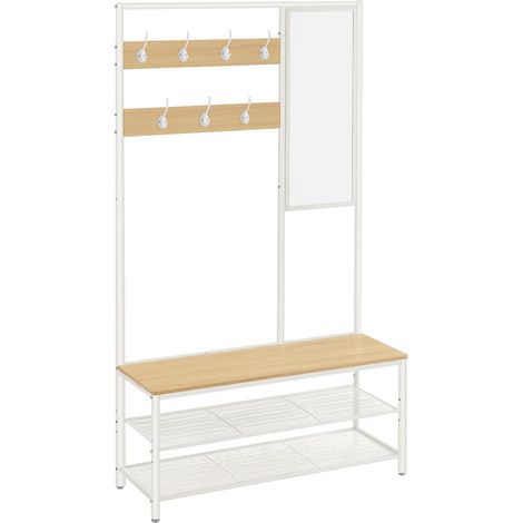 Vasagle – Porte-manteau industriel avec miroir et banc – 7 crochets 5 kg – Étagère grillagée 15 kg – Dimensions 35 x 98 x 180 cm – Chêne et blanc (1/5)