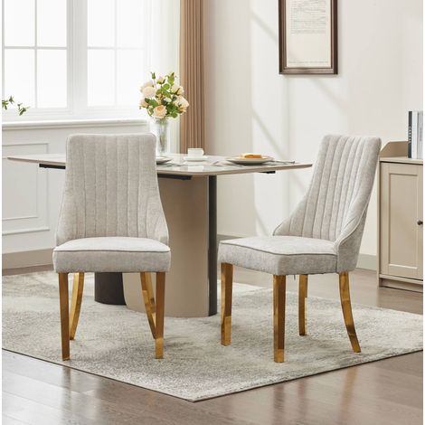 Sedia da pranzo in ciniglia beige con schienale alto e gambe in acciaio inox dorato,65×50×95cm (1/5)
