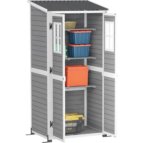 Abri de jardin en bois avec étagères réglables, double porte verrouillable et fenêtres, couleur grise