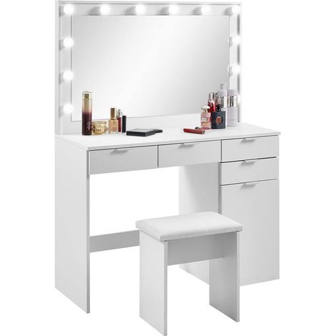 Clipop – Coiffeuse moderne avec miroir LED 90x52cm – 12 lumières réglables – 4 tiroirs et rangement – Surface blanche élégante (1/5)