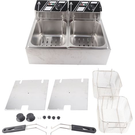 Friteuse électrique inox 1.7KW 6L double cuve, machine à frire de comptoir avec deux paniers, pour cuisine professionnelle, prise US 110V (1/5)
