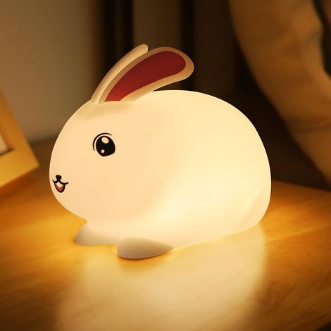 Veilleuse Lapin pour Enfants, 7 Couleurs Veilleuse Bébé Veilleuse Silicone Rechargeable, Veilleuse Temporisée avec Fonction Tactile, Lampe Décorative-Cadeau pour Fille & Garçon (1/5)