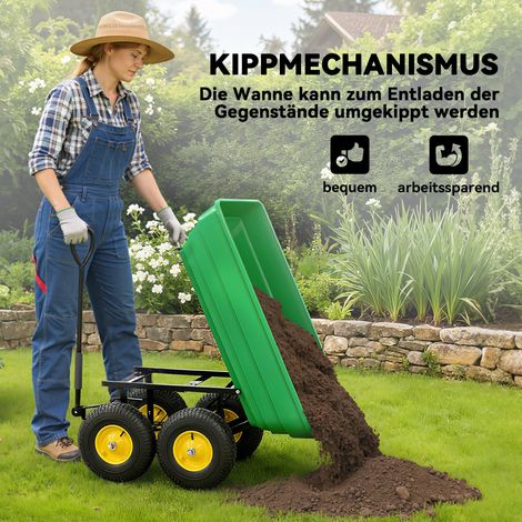 Chariot de jardin basculant 200 kg, remorque manuelle avec bac plastique 75 L, poignée de traction, pneus gonflables, vert foncé (1/5)