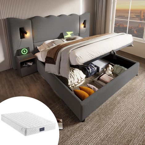 Lit double capitonné 160×200 avec lampe de lecture et fonction de chargement USB Type-C, cadre de lit coffre avec sommier à lattes en bois massif et métal, gris, lin (avec matelas) (1/5)