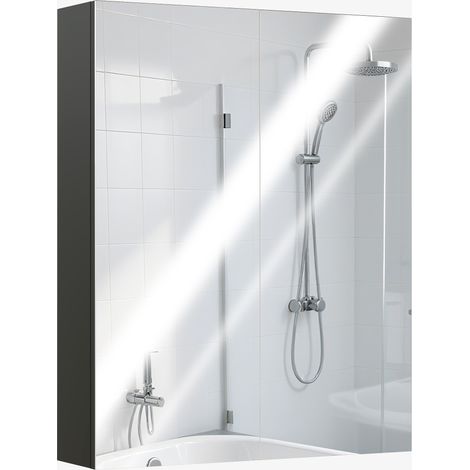 Badezimmer-Wandschrank mit 2 Türen, Spiegel und 2 Einlegeböden aus MDF, 60 x 15 x 75 cm, Schwarz