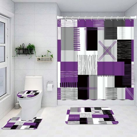 Ensemble de rideau de douche, comprenant un tapis de sol antidérapant, un tapis de toilette et un rideau de douche, violet (1/5)
