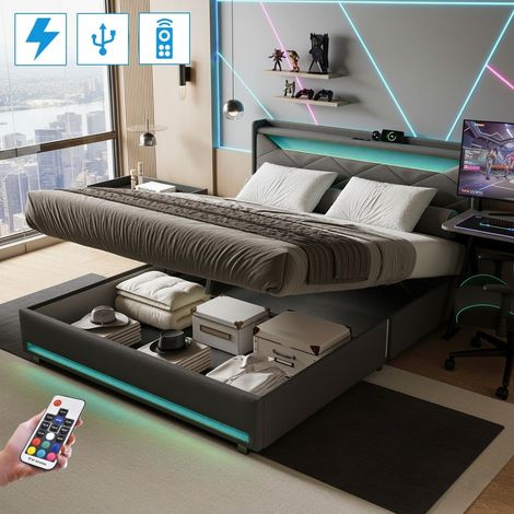 Erwachsenenbett 140x190 cm, Polsterbett mit USB-C Ladefunktion, hydraulischem Stauraum, Lattenrost aus Holz, Metallrahmen, gepolstertes Leinenbett - Grau