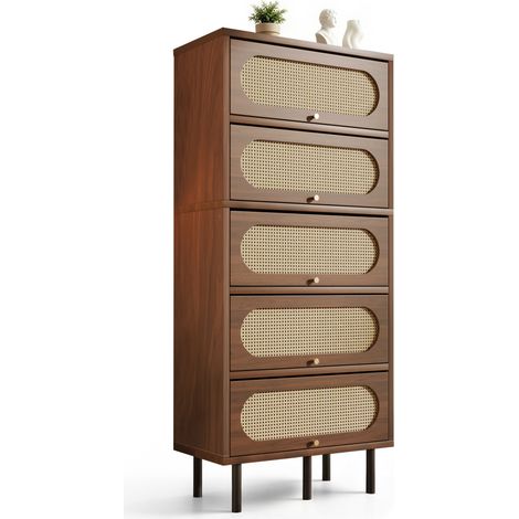 Buffet haut en bois foncé et résine tressée, 5 abattants, 80 x 40 x 163 cm, meuble de rangement avec pieds métal pour salon, entrée ou cuisine CHICFURN (1/5)