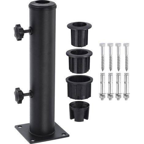 Sombrilla de jardín, tubos de soporte, soporte universal para sombrilla con anillos reductores de PVC, placa de hierro y placa de cemento, negro (1/5)