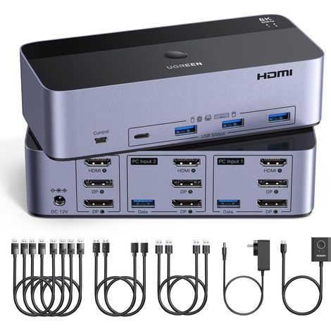 Switch KVM HDMI+DP 2 Entrées 3 Sorties 8K 60Hz pour 2 Affichage Commutateur KVM USB 3A +1C 3.0 5Gbps pour Clavier Souris Disque Dur Contrôleur de Bureau Câbles HDMI+DP+USB Inclus (1/5)