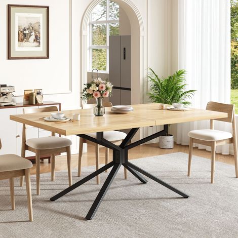 Mesa de comedor extensible 120/160 x 90 cm, pie estrella de metal negro, MDF roble claro REDOM (1/5)