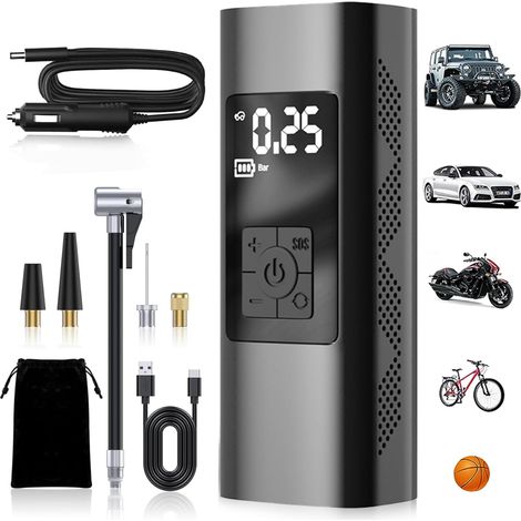 Tragbarer Reifenfüller-Luftkompressor, 150 PSI kabellose tragbare Luftpumpe für Autoreifen, tragbarer LCD-Reifenfüller mit Reifendruckmesser für Auto, Fahrrad, Motorrad, Ball +1 (1/5)